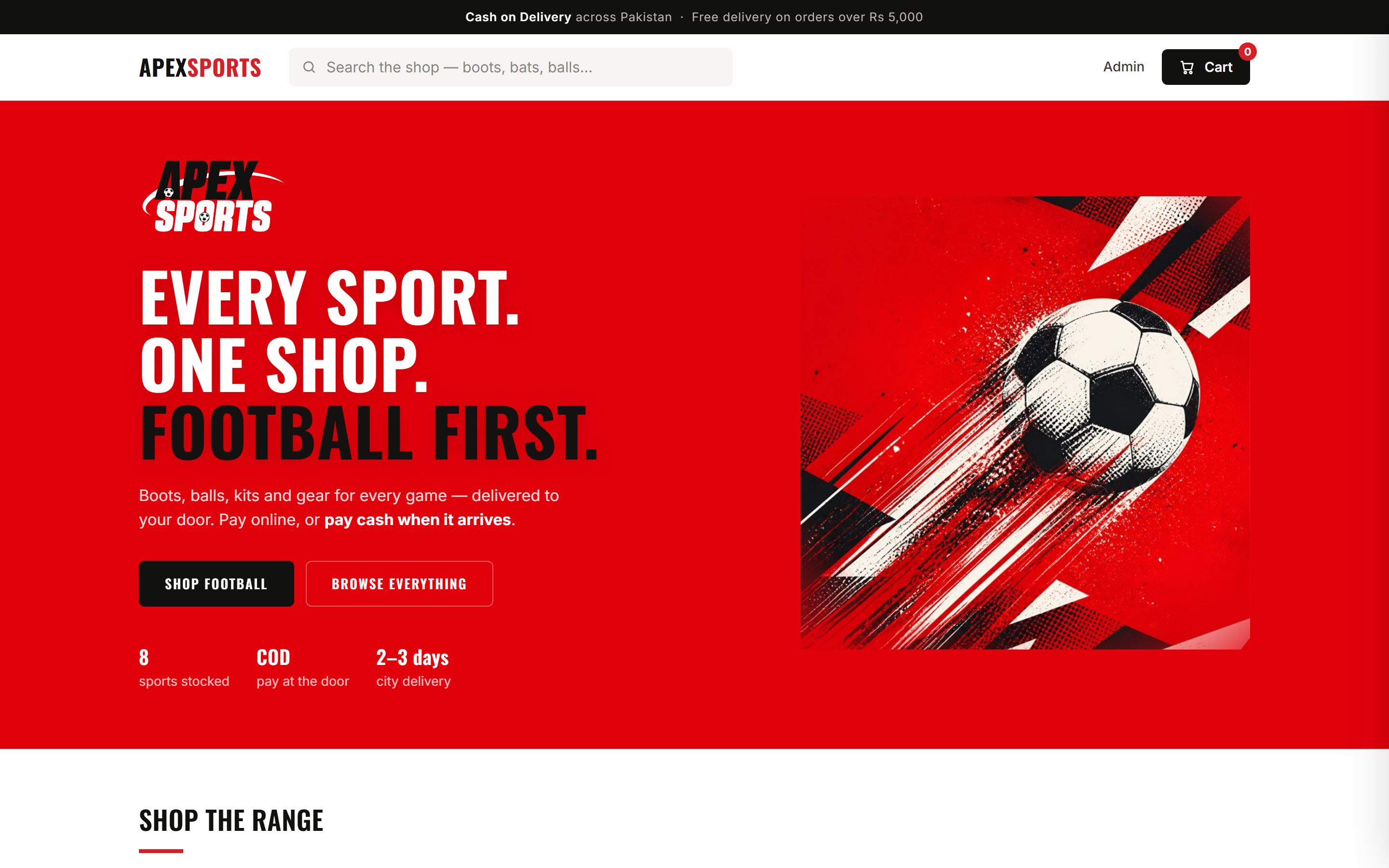 The Apex Sports demo storefront: a red hero reading Every Sport. One Shop. Football First. beside a halftone football, above a cash-on-delivery notice.
