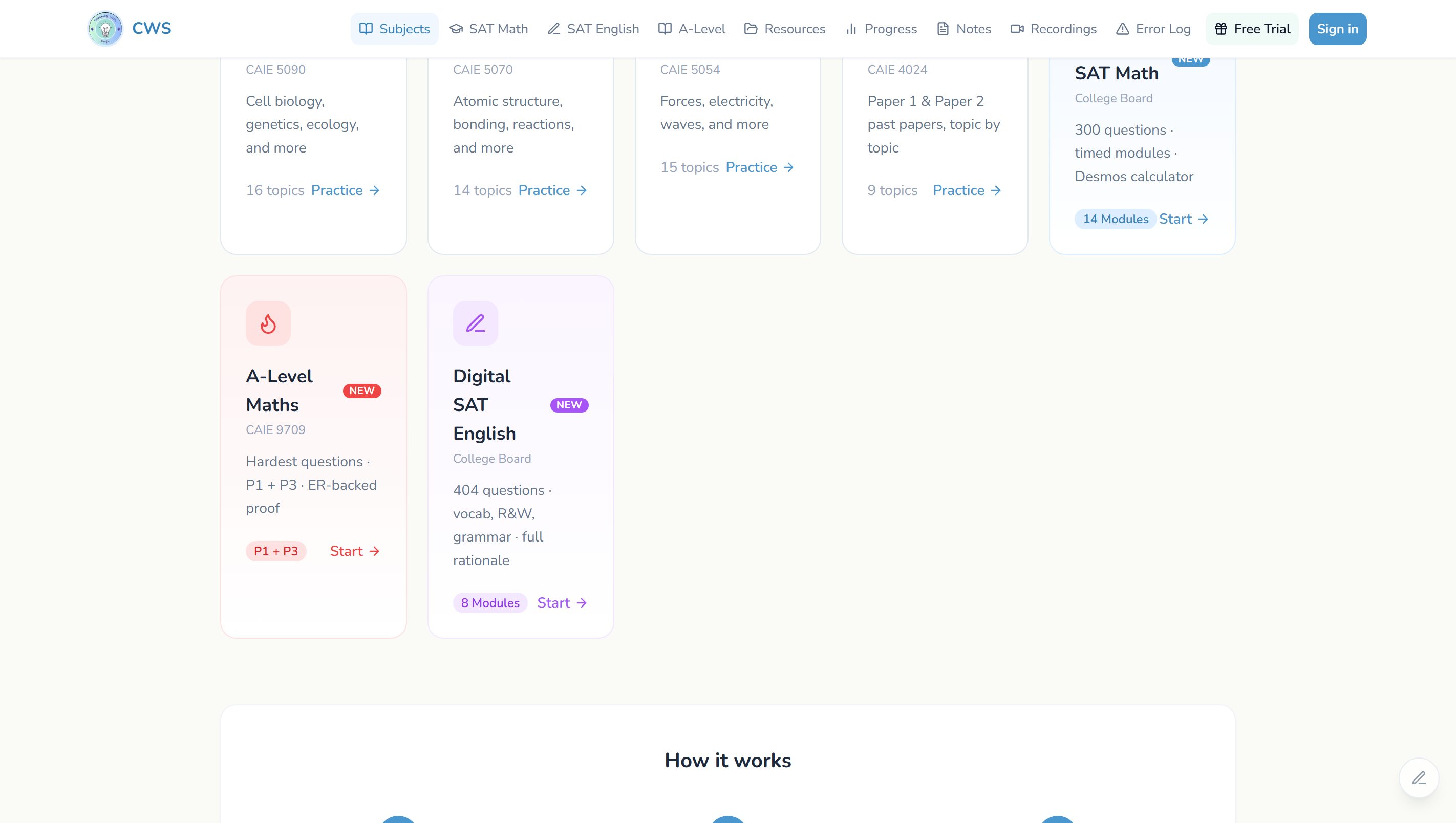 The Coaching With Shuja subject picker, each track opening into its own topic list.