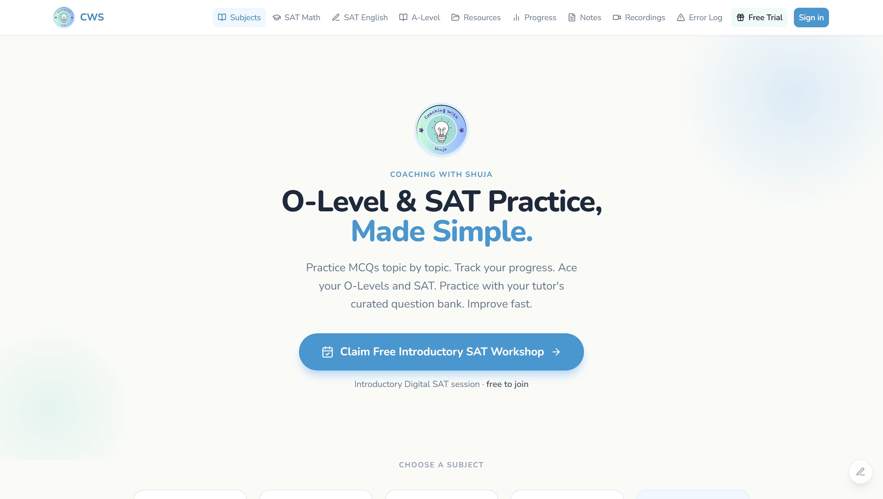 The Coaching With Shuja homepage: subject tiles for Biology, Chemistry, Physics, Mathematics and Digital SAT below a practice headline.