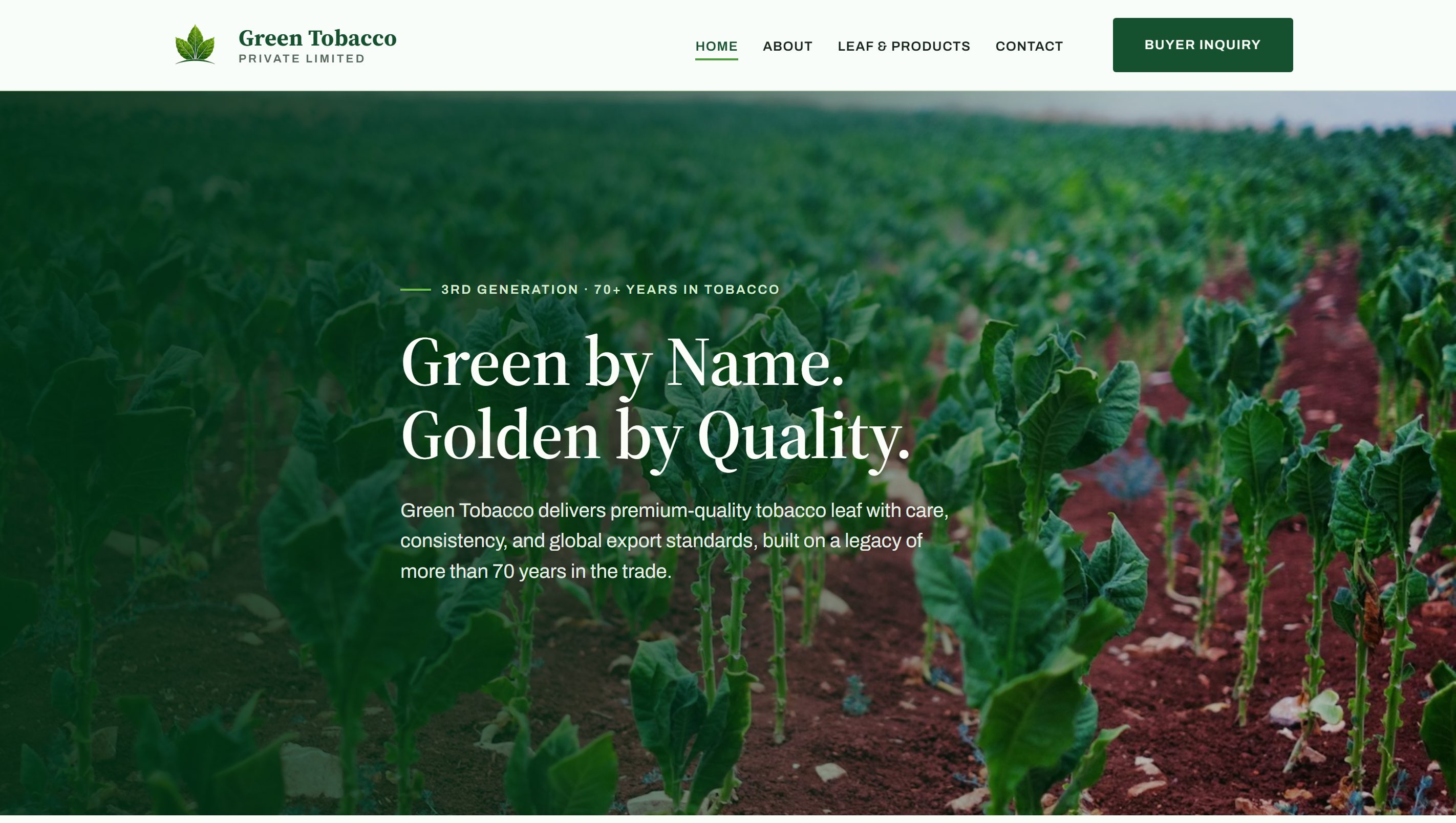 The Green Tobacco Pvt Ltd homepage, presenting seventy years of leaf trading to overseas buyers.