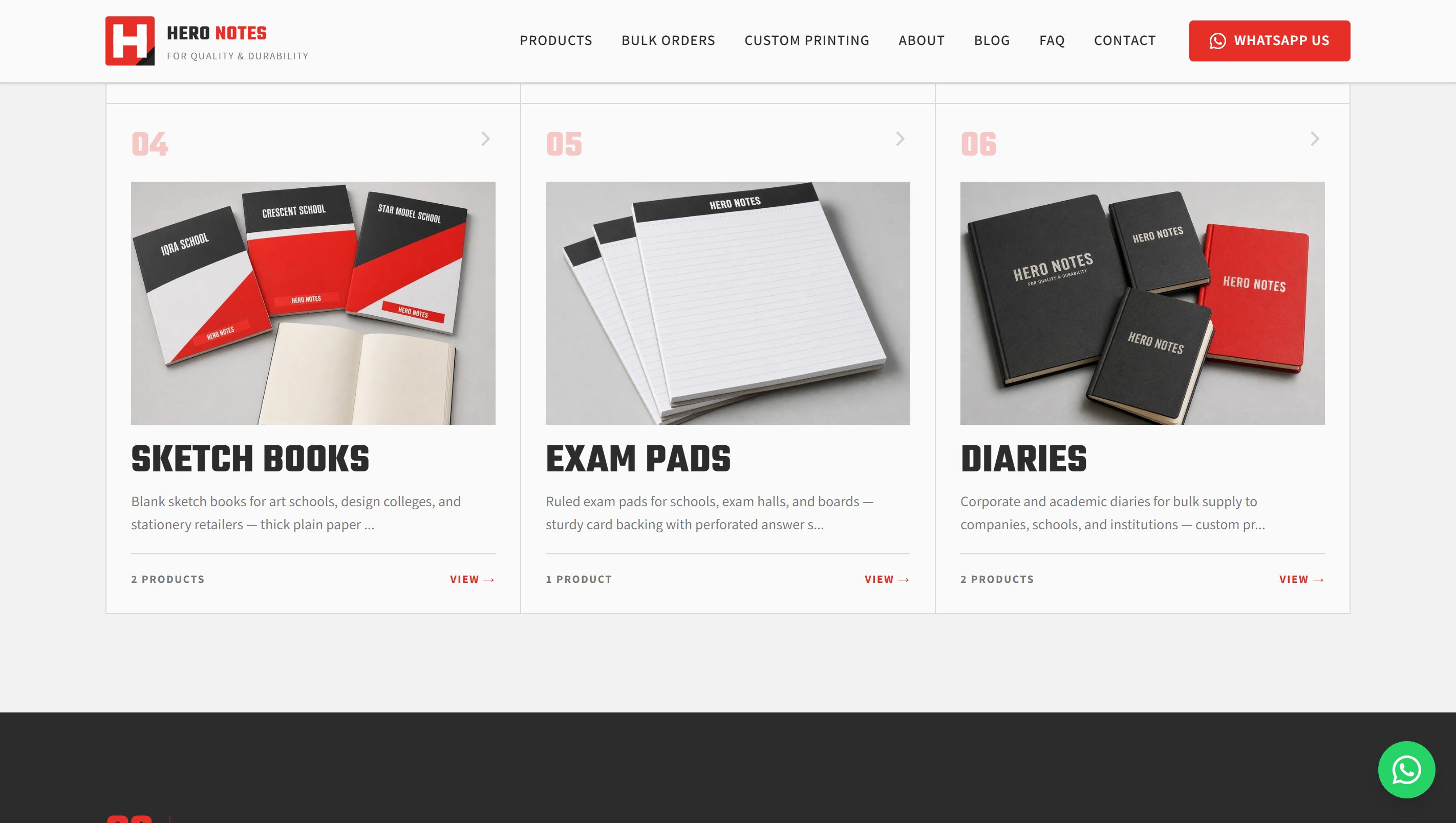 A Hero Notes product page showing notebook specifications and a quote request route.